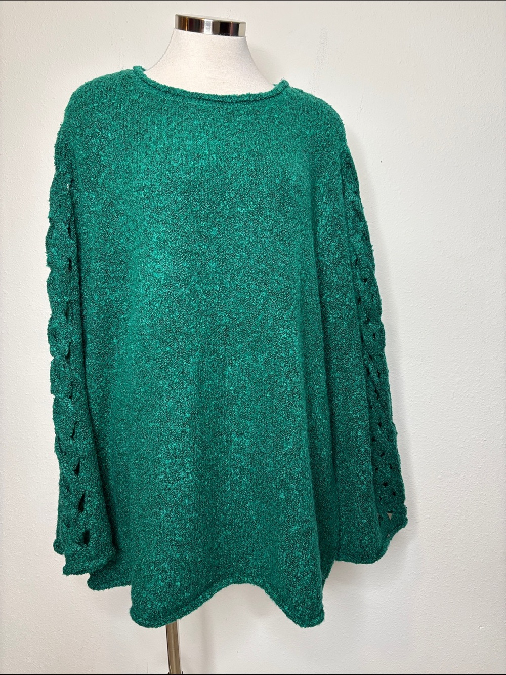 Lane Bryant green Bouclé Crewneck Sweater with Open-Stitch Sleeves